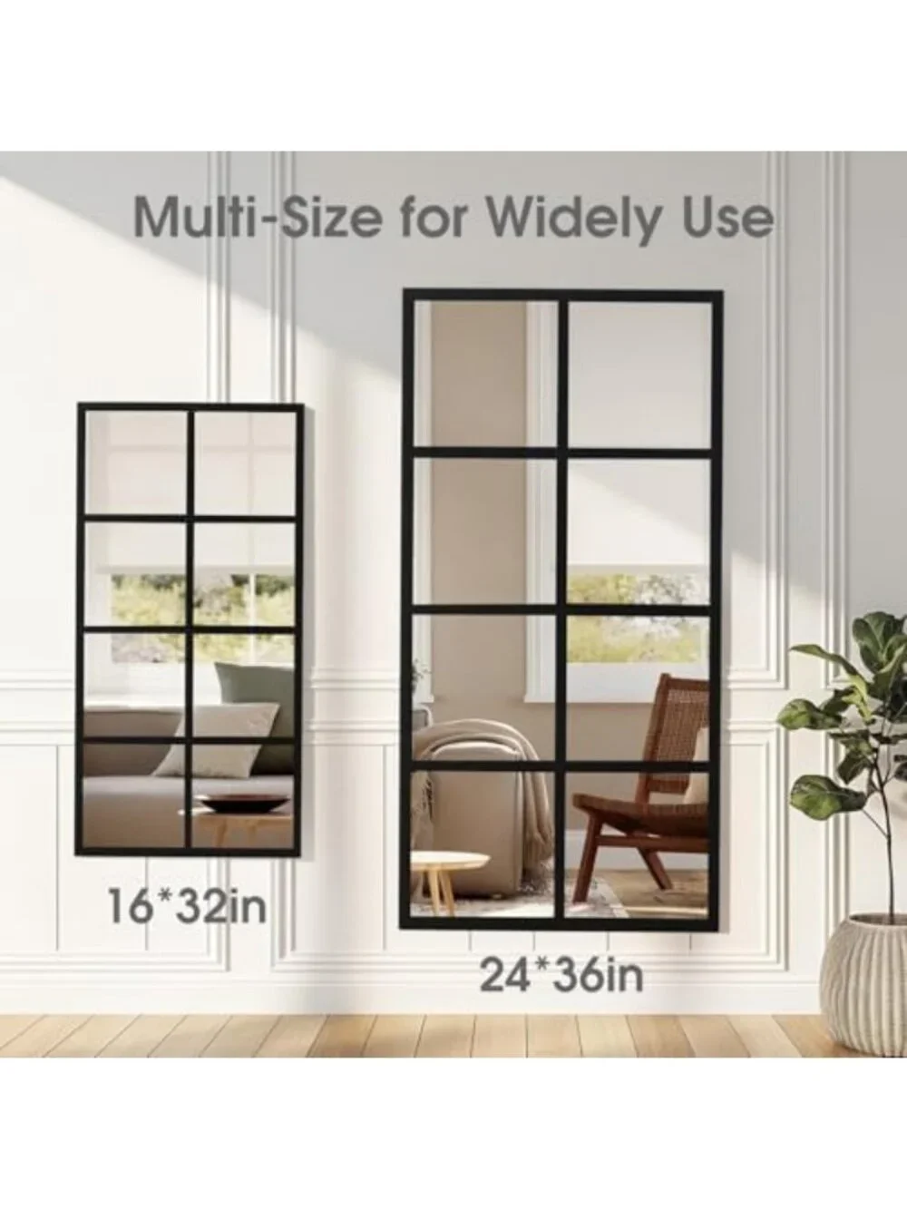 Stylish Black Framed Window Pane Wall Mirror 16x32